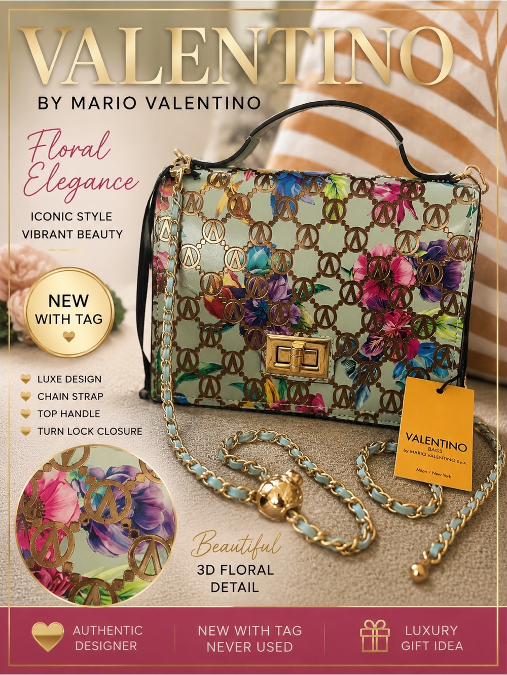 Valentino "Titti" Floral Monogram Leather Satchel NWT Mint Retail $950+
